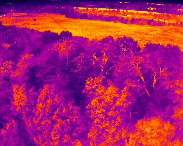 Thermalaufnahme von Bäumen und Feldern im Farbschema Iron Red